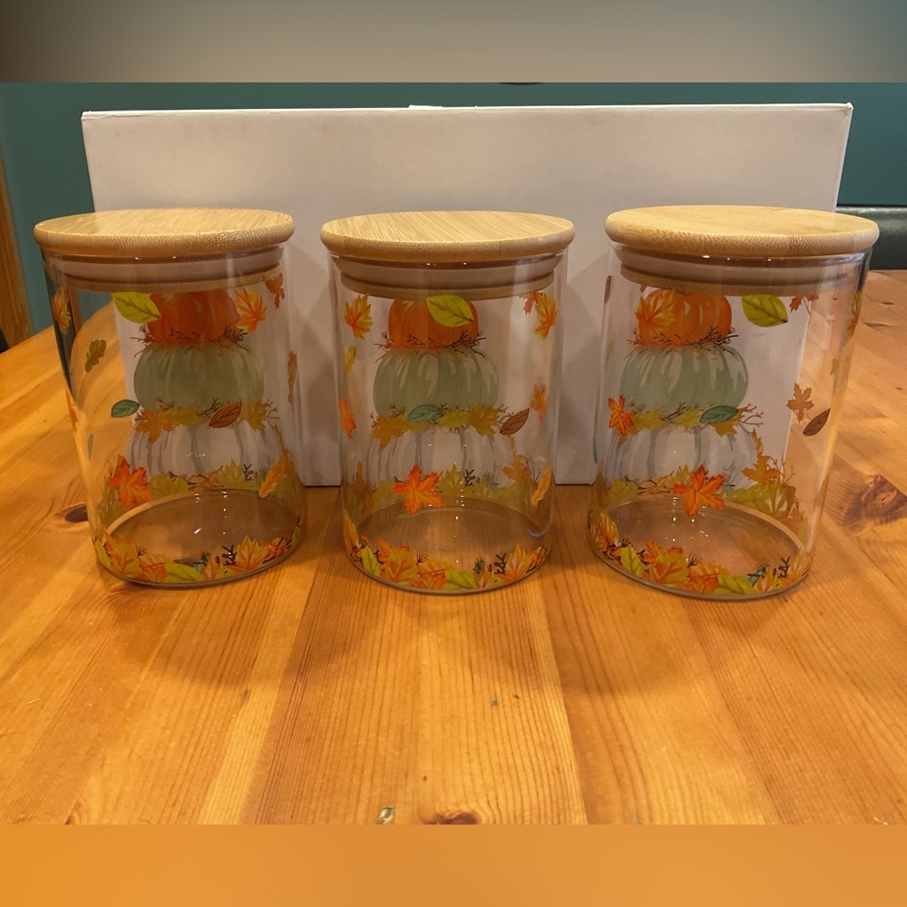 PUMPKIN CANISTERS WITH LIDS GLASS NEW FALL DECOR STORAGE 3 TEAL WHITE ORANGE - Picture 4 of 11